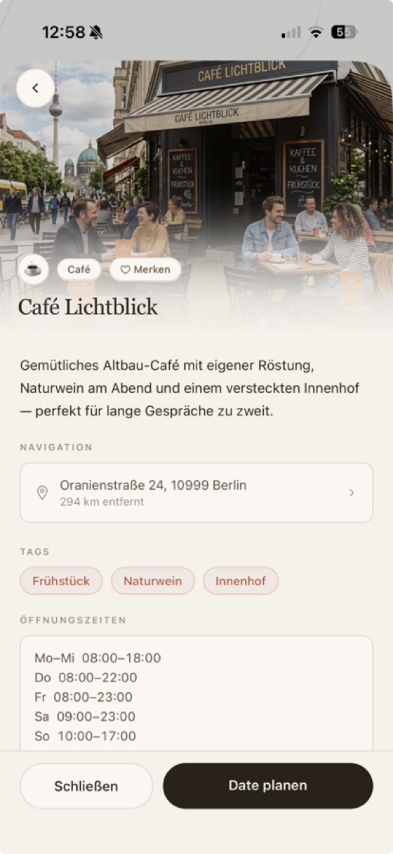Detailansicht einer Location mit Beschreibung und Öffnungszeiten